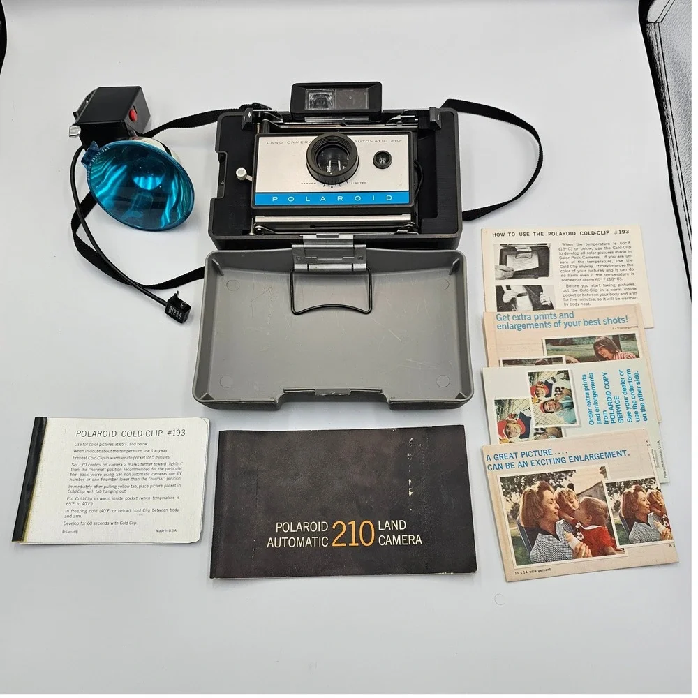 Vintage Polaroid Automatic 210 Land Camera Instant Film Kit with Flash & Manuals